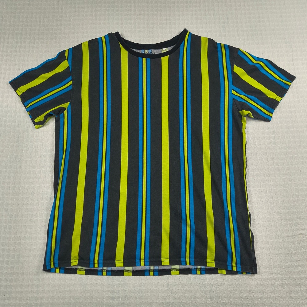 PS Basics by PacSun Mens Medium Striped T-Shirt Black Yellow Blue Regular Fit
